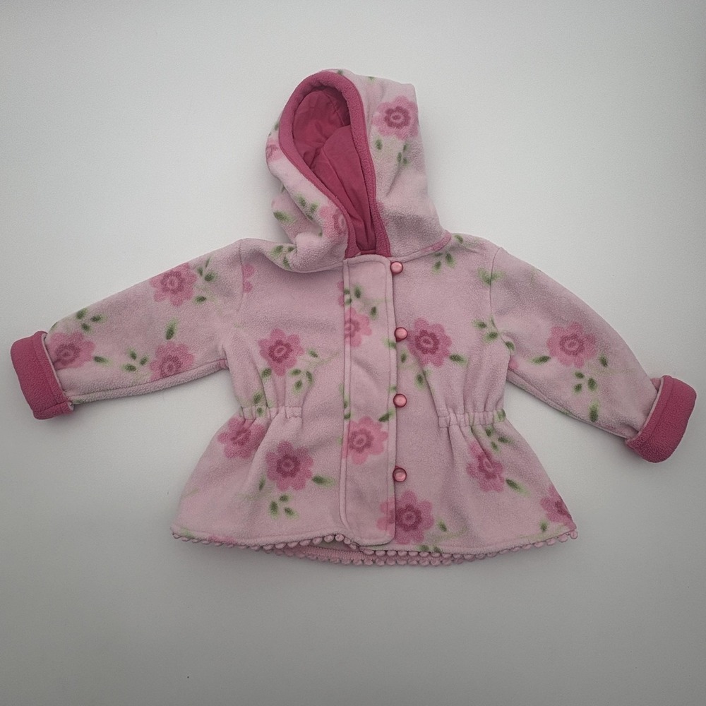 Baby Q Coat Girls 18-24M Pink Floral Fleece Hooded Snap Front Pom Hem Winter
